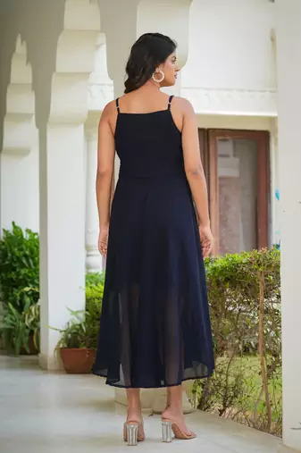 Women'S Smoking Embroidered Georgette Dress (Blue)