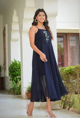 Women'S Smoking Embroidered Georgette Dress (Blue) 4