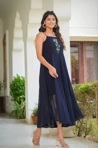 Women'S Smoking Embroidered Georgette Dress (Blue)