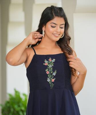 Women'S Smoking Embroidered Georgette Dress (Blue) 5