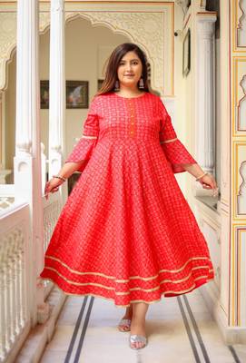 Plus Size Women'S Floral Printed Anarkali Kurti(Pink) 1