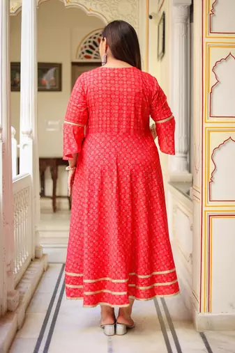 Plus Size Women'S Floral Printed Anarkali Kurti(Pink)