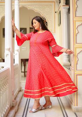 Plus Size Women'S Floral Printed Anarkali Kurti(Pink) 3