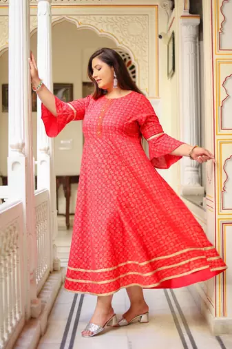 Plus Size Women'S Floral Printed Anarkali Kurti(Pink)
