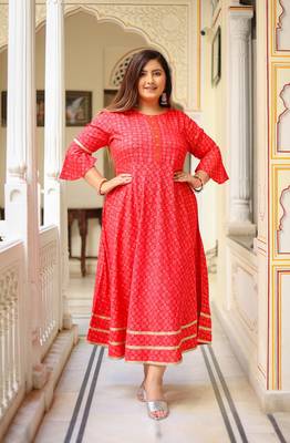 Plus Size Women'S Floral Printed Anarkali Kurti(Pink) 4