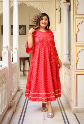 Plus Size Women'S Floral Printed Anarkali Kurti(Pink) 5