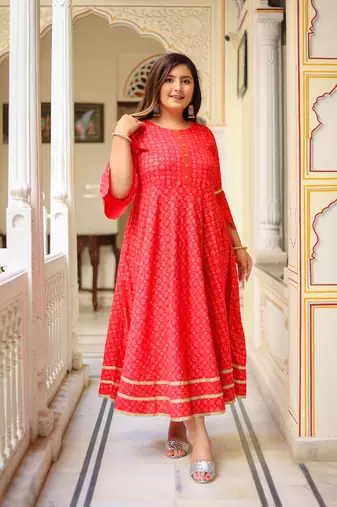 Plus Size Women'S Floral Printed Anarkali Kurti(Pink)