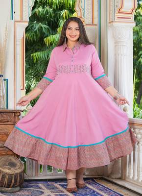 Women'S Plus Size Pink Polyester Embroidered Anarkali Kurta (Pink) 1