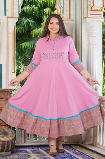 Women'S Plus Size Pink Polyester Embroidered Anarkali Kurta (Pink)