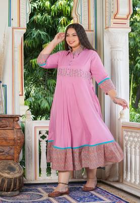Women'S Plus Size Pink Polyester Embroidered Anarkali Kurta (Pink) 3