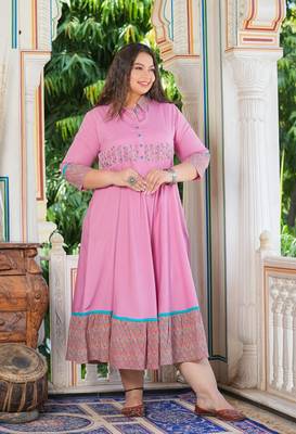 Women'S Plus Size Pink Polyester Embroidered Anarkali Kurta (Pink) 4