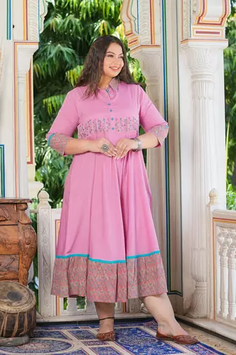 Women'S Plus Size Pink Polyester Embroidered Anarkali Kurta (Pink)