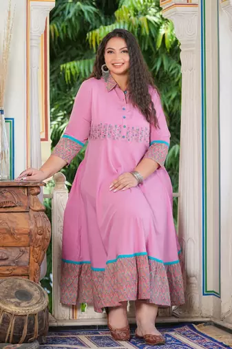Women'S Plus Size Pink Polyester Embroidered Anarkali Kurta (Pink)