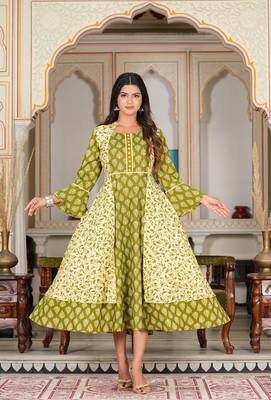 Women'S Floral Printed Jacket Style Anarkali Kurti (Green) 1