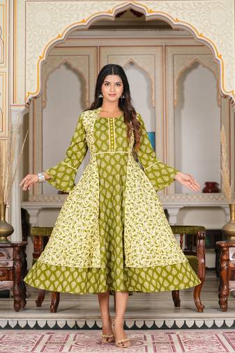 Women'S Floral Printed Jacket Style Anarkali Kurti (Green)