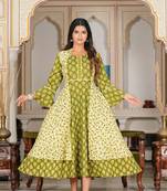 Women'S Floral Printed Jacket Style Anarkali Kurti (Green)
