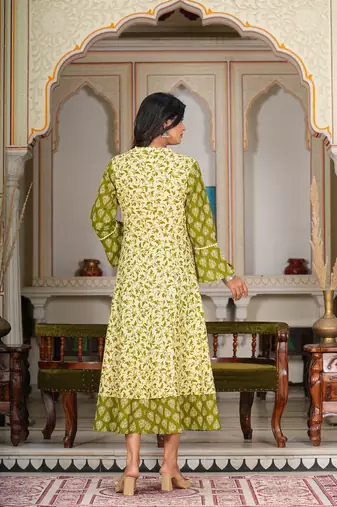 Women'S Floral Printed Jacket Style Anarkali Kurti (Green)