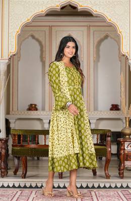Women'S Floral Printed Jacket Style Anarkali Kurti (Green) 3