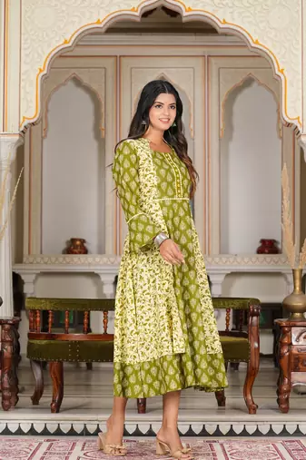 Women'S Floral Printed Jacket Style Anarkali Kurti (Green)