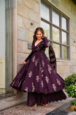 Pure maslin fabric kurta plazzo and dupatta set in dark purple color 1