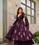 Pure maslin fabric kurta plazzo and dupatta set in dark purple color