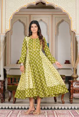 Women'S Floral Printed Jacket Style Anarkali Kurti (Green) 4