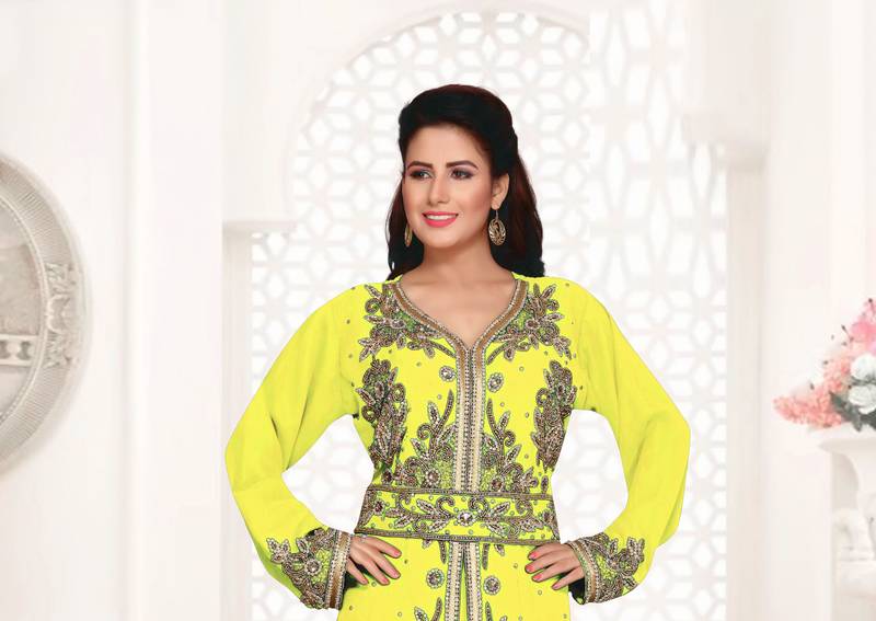 Yellow color luxurious Full Sleeves Handmade Moroccan Kaftan .