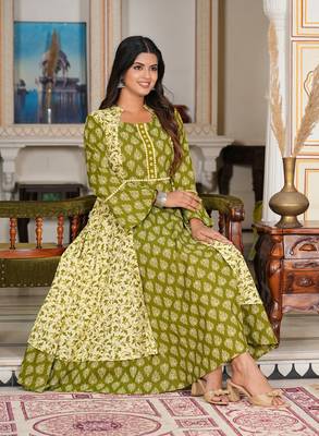 Women'S Floral Printed Jacket Style Anarkali Kurti (Green) 5