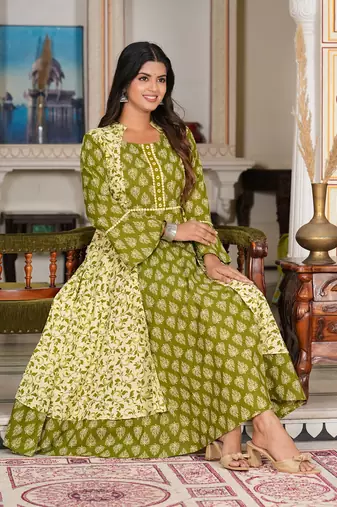 Women'S Floral Printed Jacket Style Anarkali Kurti (Green)