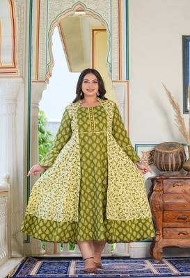 Women'S Plus Size Floral Printed Jacket Style Anarkali Kurti (Green) 1