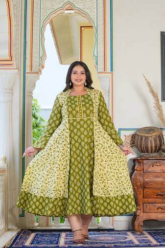 Women'S Plus Size Floral Printed Jacket Style Anarkali Kurti (Green)