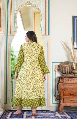 Women'S Plus Size Floral Printed Jacket Style Anarkali Kurti (Green) 2