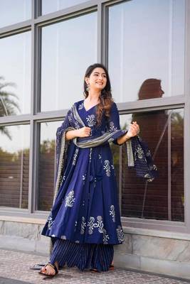 Pure maslin fabric kurta plazzo and dupatta set in royal blue 1