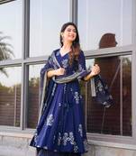 Pure maslin fabric kurta plazzo and dupatta set in royal blue