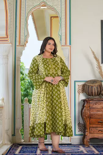 Women'S Plus Size Floral Printed Jacket Style Anarkali Kurti (Green)