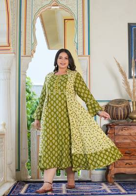 Women'S Plus Size Floral Printed Jacket Style Anarkali Kurti (Green) 4