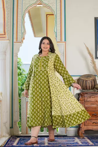 Women'S Plus Size Floral Printed Jacket Style Anarkali Kurti (Green)