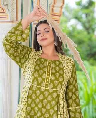 Women'S Plus Size Floral Printed Jacket Style Anarkali Kurti (Green) 5