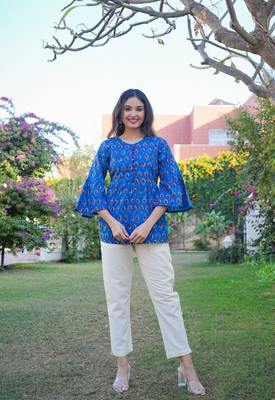 Women'S Cotton Indigo Geomatrical Printed Flared Top (Blue) 1
