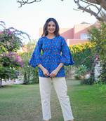 Women'S Cotton Indigo Geomatrical Printed Flared Top (Blue)