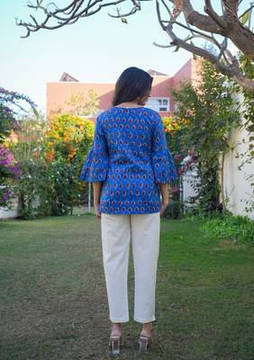 Women'S Cotton Indigo Geomatrical Printed Flared Top (Blue) 2