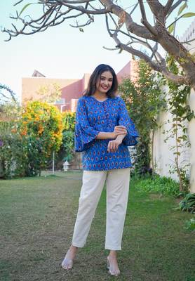 Women'S Cotton Indigo Geomatrical Printed Flared Top (Blue) 3