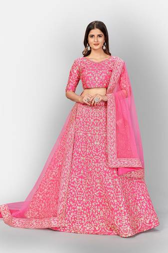 Stunning Pink Embroidery Slub Silk Bridal Lehenga Choli