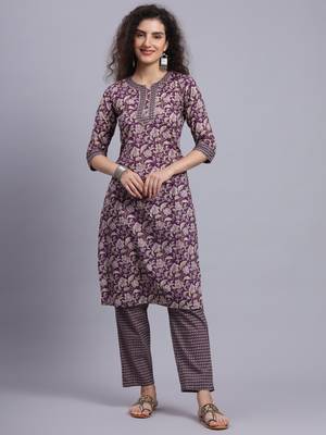 Largish cotton purple foil floral print, round neck straight kurta, with printed trouser 1