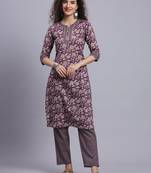 Largish cotton purple foil floral print, round neck straight kurta, with printed trouser