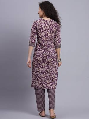 Largish cotton purple foil floral print, round neck straight kurta, with printed trouser 2