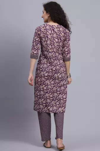 Largish cotton purple foil floral print, round neck straight kurta, with printed trouser