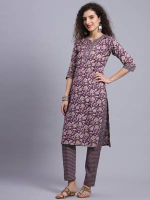 Largish cotton purple foil floral print, round neck straight kurta, with printed trouser 3