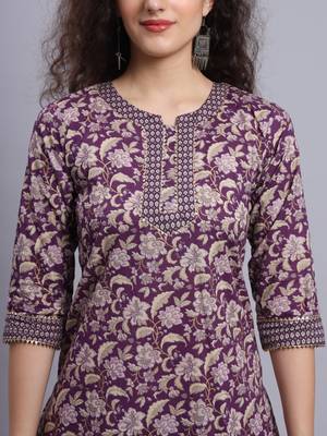 Largish cotton purple foil floral print, round neck straight kurta, with printed trouser 4