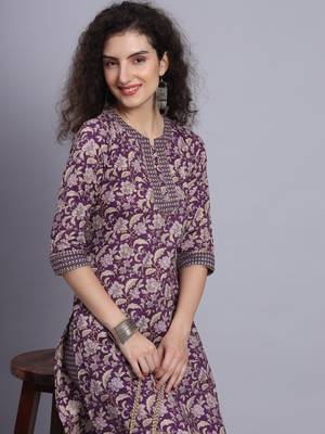 Largish cotton purple foil floral print, round neck straight kurta, with printed trouser 5